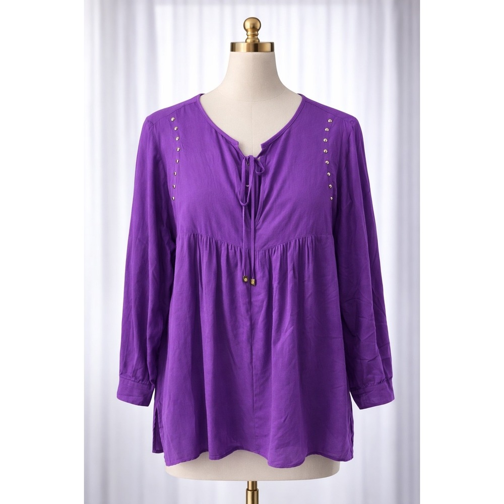 Michael Michael Kors Popover Tunic Top Purple Studded Babydoll Rayon Top Size L
